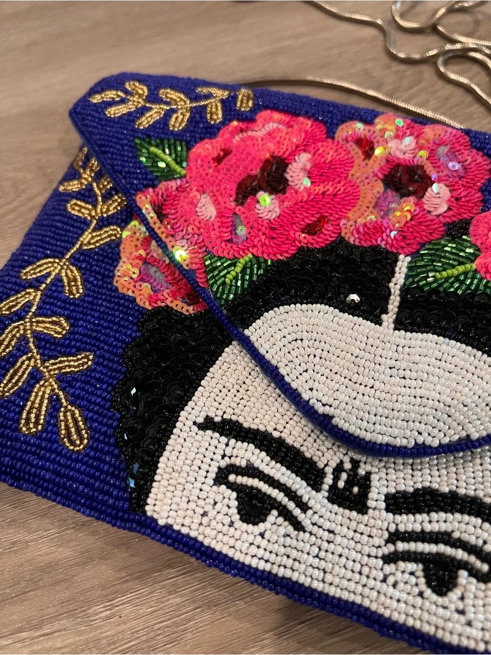 Beaded Floral Face Motif Clutch - Blue & Pink